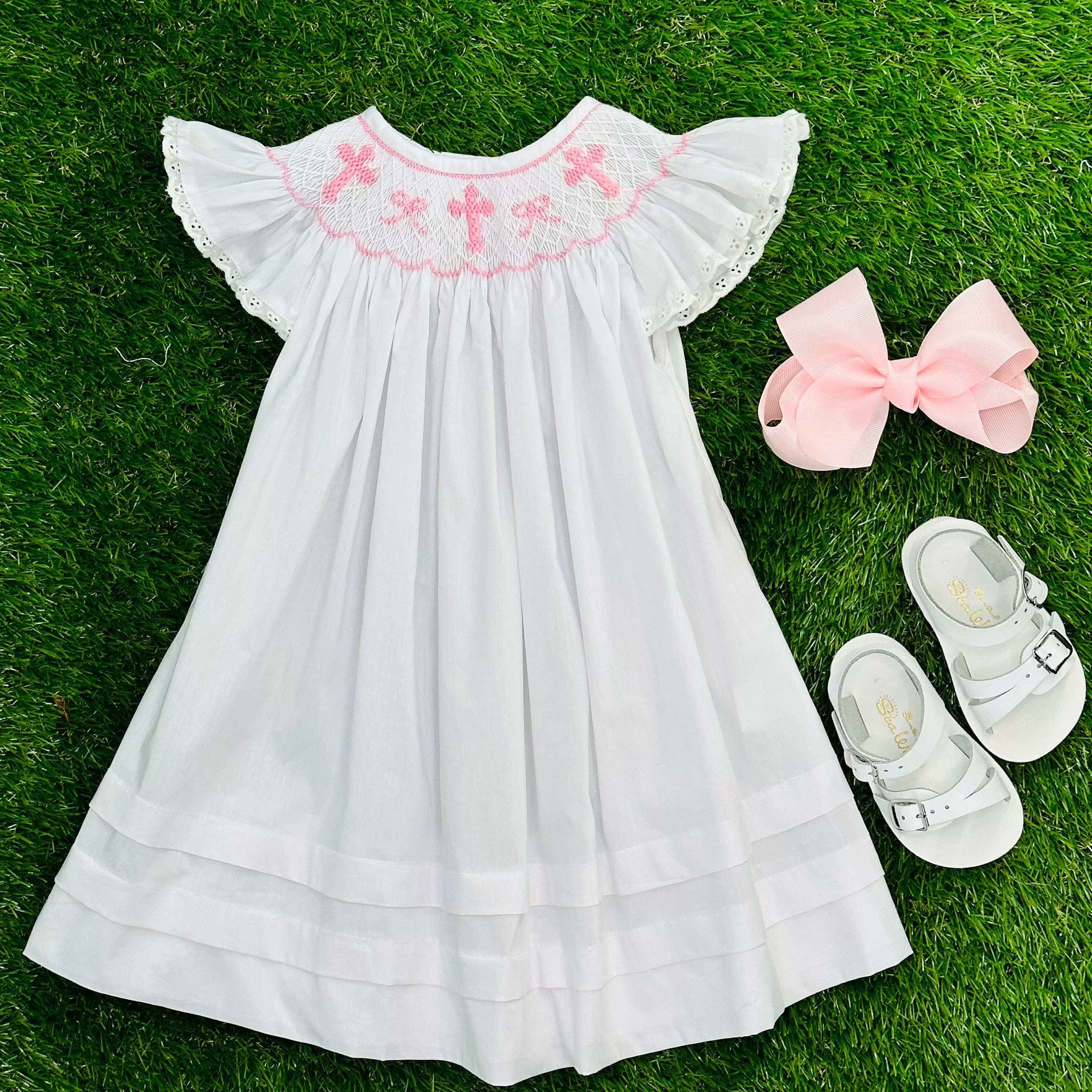 Smocked Crosses & Bows Bishop Dress with Flutter Sleeves