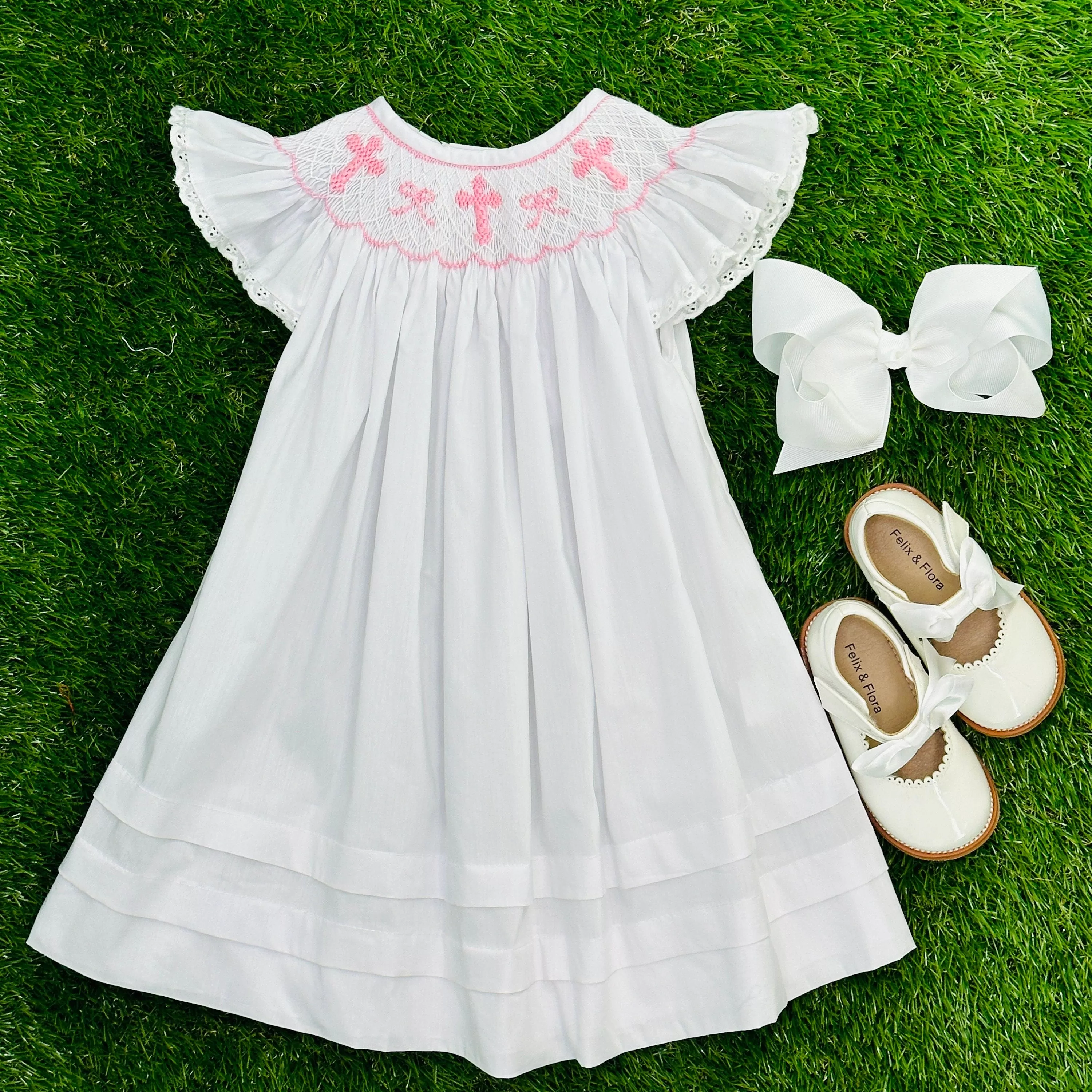 Smocked Crosses & Bows Bishop Dress with Flutter Sleeves