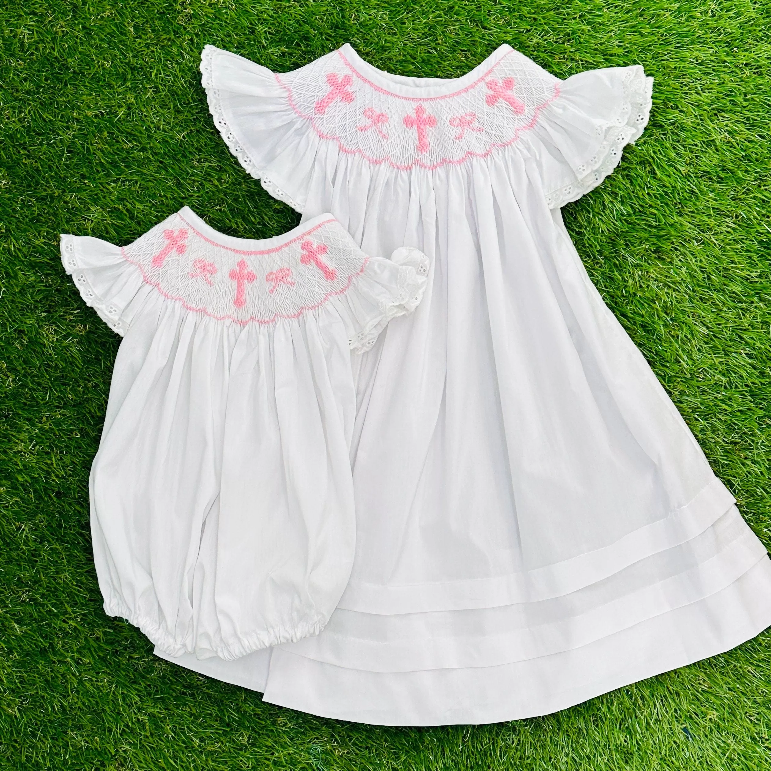 Smocked Crosses & Bows Bishop Dress with Flutter Sleeves