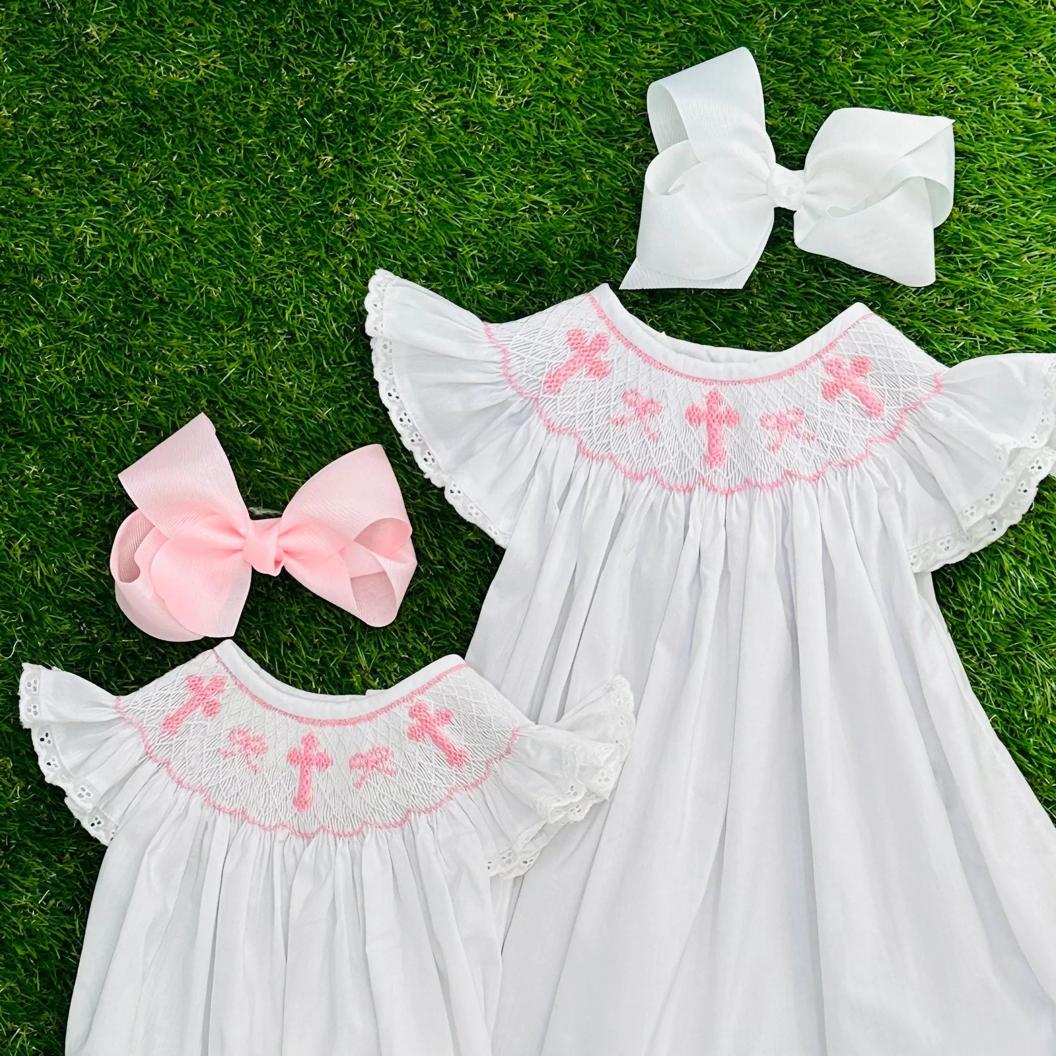 Smocked Crosses & Bows Bishop Dress with Flutter Sleeves