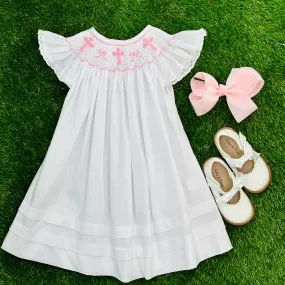 Smocked Crosses & Bows Bishop Dress with Flutter Sleeves