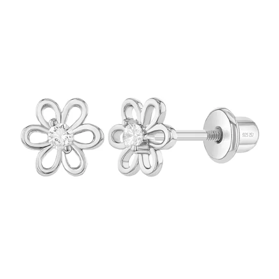 Sterling Silver Clear CZ Flower Baby Children Screw Back Earrings