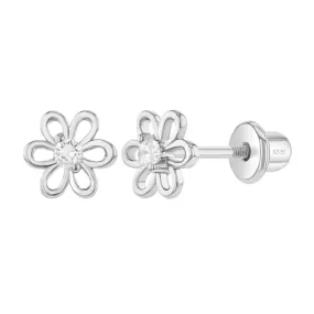 Sterling Silver Clear CZ Flower Baby Children Screw Back Earrings