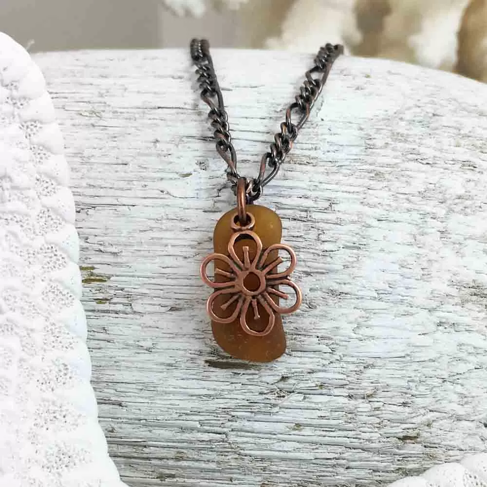 Tiny Bright Amber on Bronze Sea Glass Pendant with Flower Charm | #1072