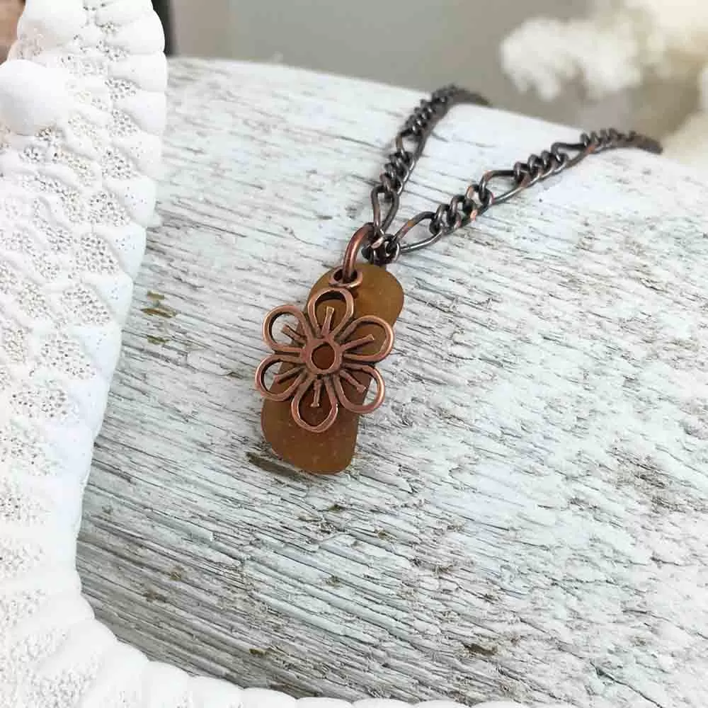 Tiny Bright Amber on Bronze Sea Glass Pendant with Flower Charm | #1072