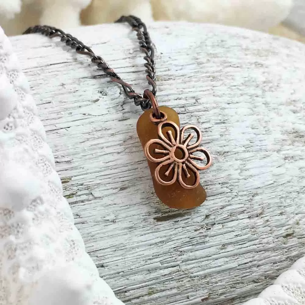 Tiny Bright Amber on Bronze Sea Glass Pendant with Flower Charm | #1072