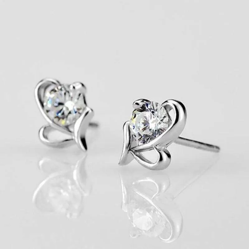 Two of Hearts Silver and White Rhinestone Dainty Post Earrings