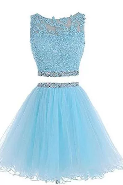 Two Pieces Prom Dresses Applique Short Homecoming Dresses