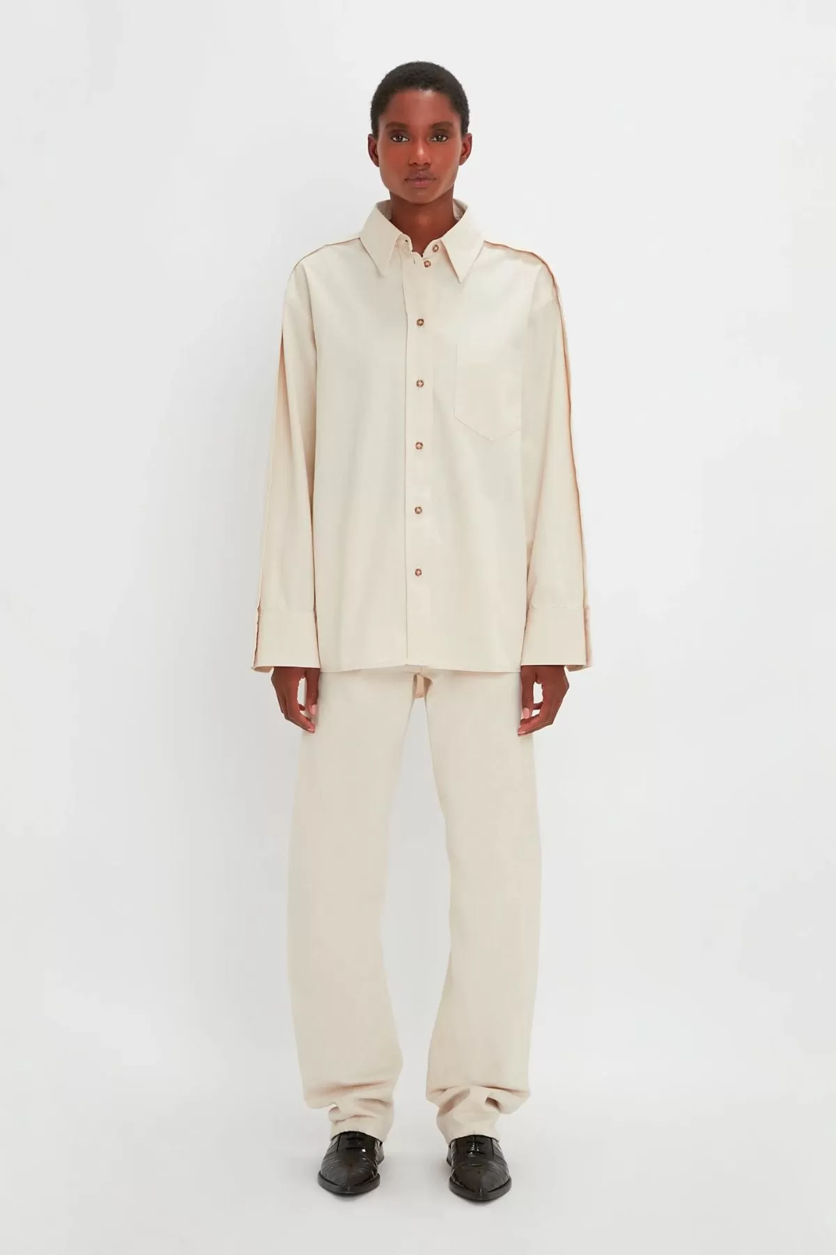 Victoria Beckham Oversized Pleat Detail Denim Shirt - Raw Ecru