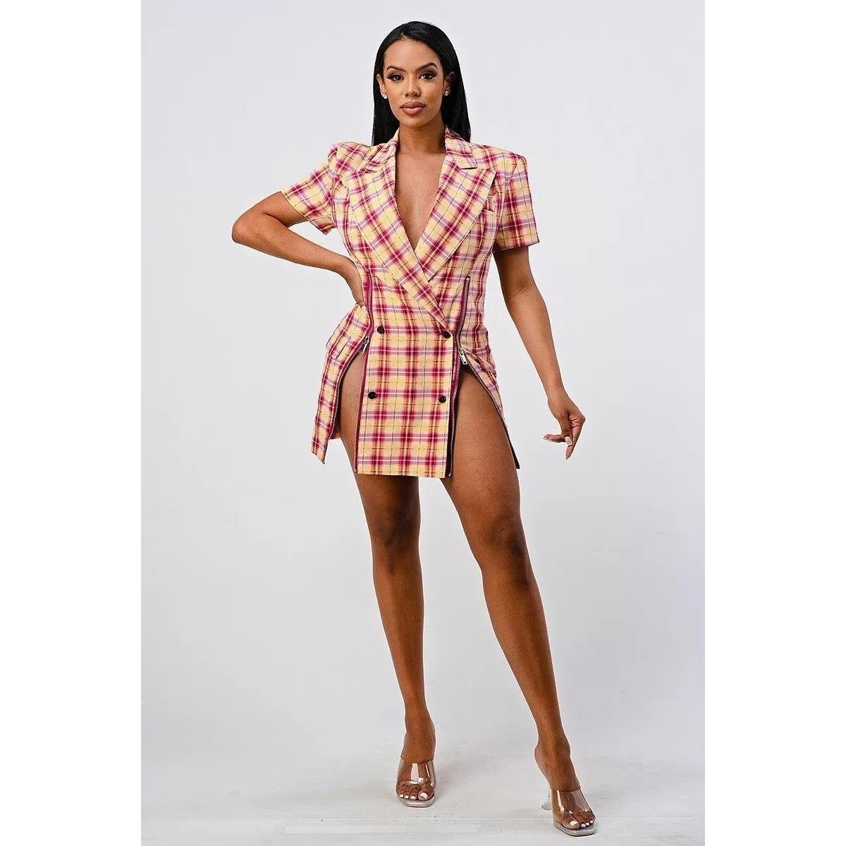 Wide Collared Double Breasted Plaid Blazer Mini Dress