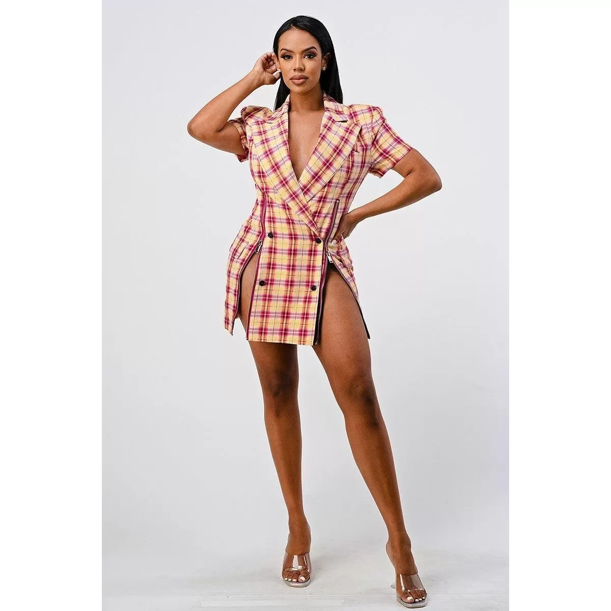 Wide Collared Double Breasted Plaid Blazer Mini Dress