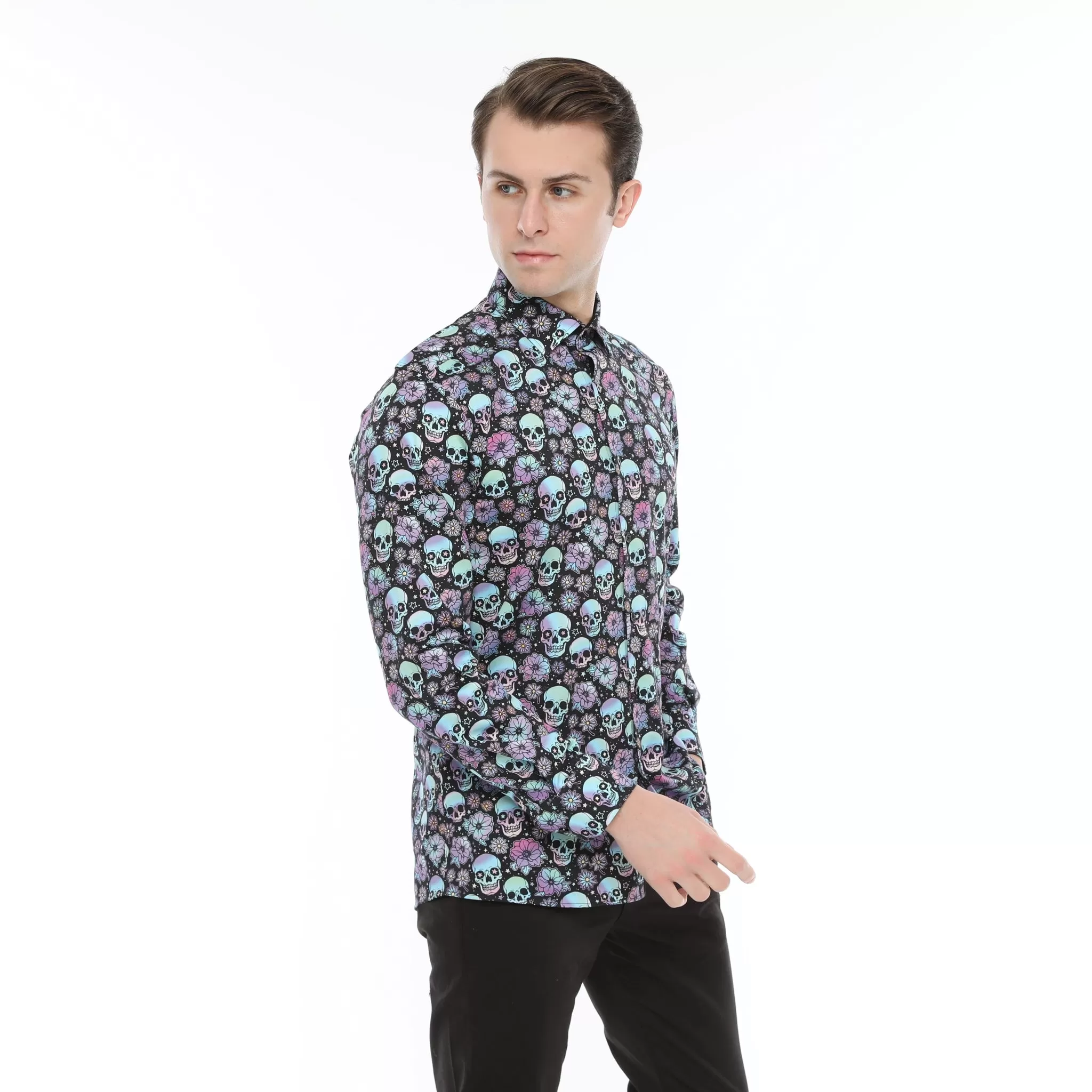 Xact Men's Holographic Skulls & Flower Print Long Sleeved Shirt, Regular Fit